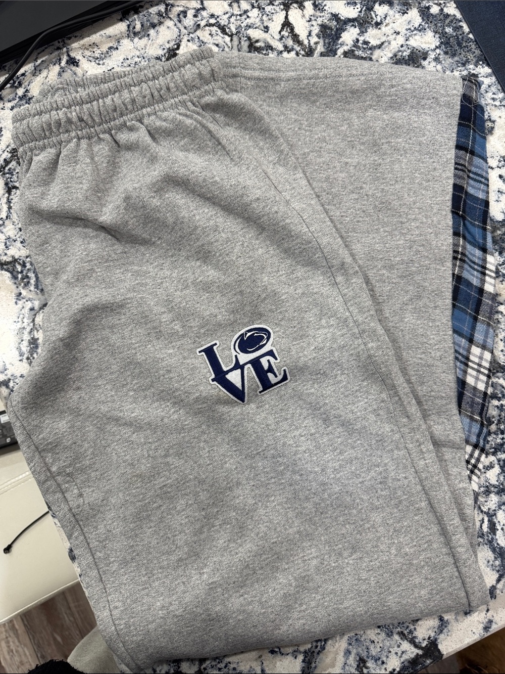 Grey Penn State Sweatpants with Navy 'LOVE' Logo and flannel flair ankle